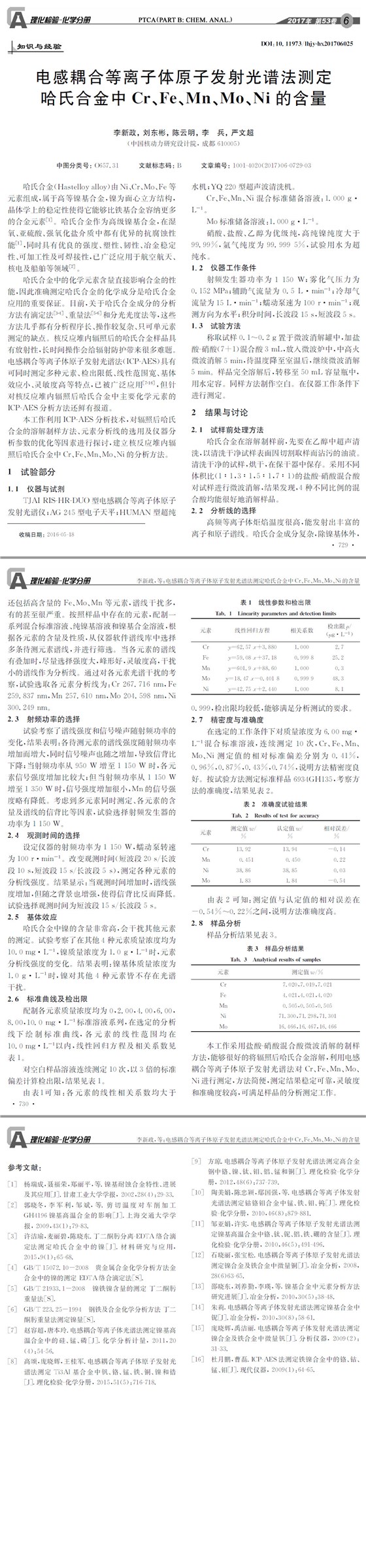 電感耦合等離子體原子發射光譜法測定哈氏合金中Cr、Fe、Mn、Mo、Ni的含量