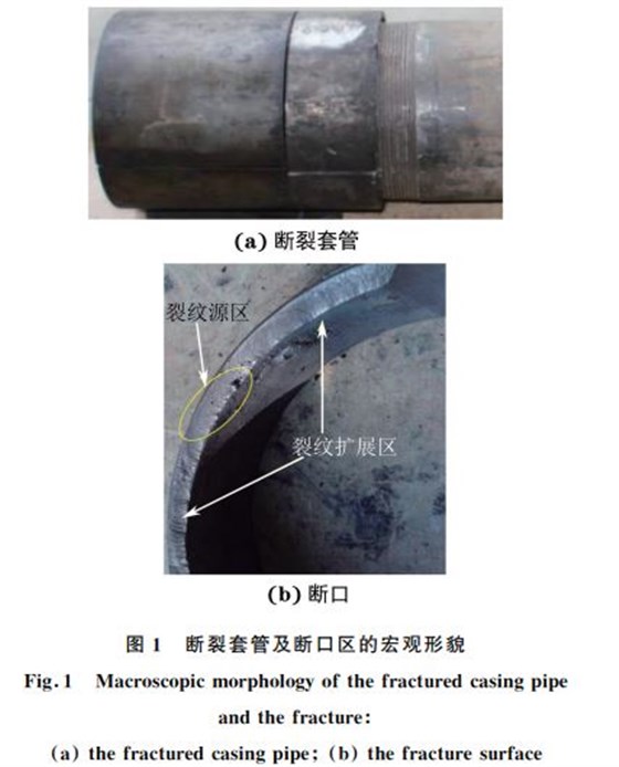 圖1 斷裂套管及斷口區的宏觀形貌 圖1 斷裂套管及斷口區的宏觀形貌