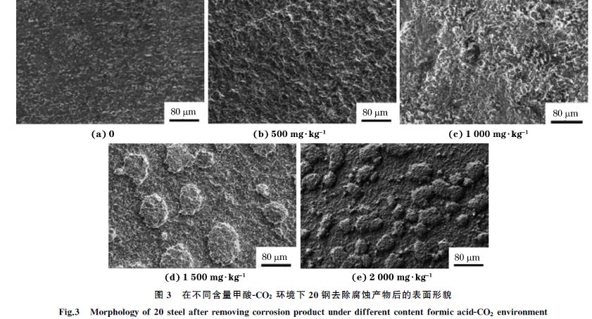 圖3 在不同含量甲酸GCO2 環境下20鋼去除腐蝕產物后的表面形貌 圖3 在不同含量甲酸GCO2 環境下20鋼去除腐蝕產物后的表面形貌